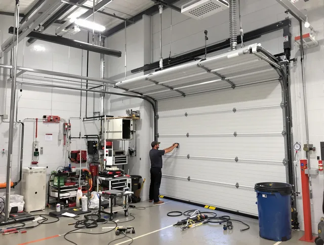 Heath Garage Door Repair certified technician performing commercial door repair at a Heath business facility