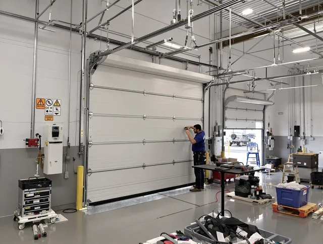 Commercial garage door repair being performed by Heath Garage Door Repair expert in Heath