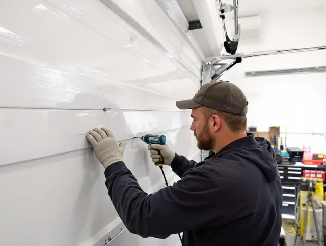 Heath Garage Door Repair technician demonstrating precision dent removal techniques on a Heath garage door