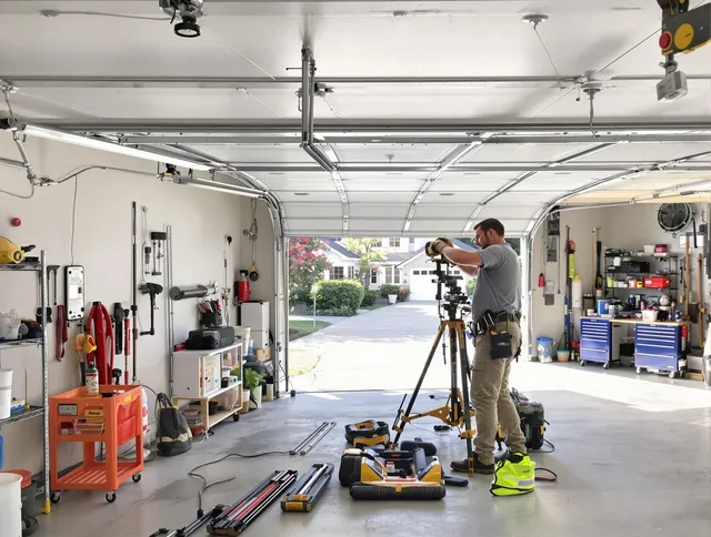 Heath Garage Door Repair specialist performing laser-guided track alignment in Heath